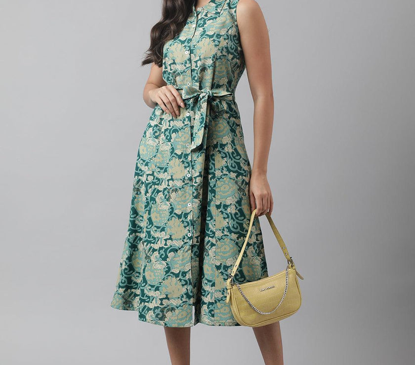 Divena Rayon Light Green A-Line Floral Printed Midi Dress - divena world