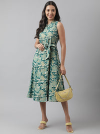 Divena Rayon Light Green A-Line Floral Printed Midi Dress - divena world