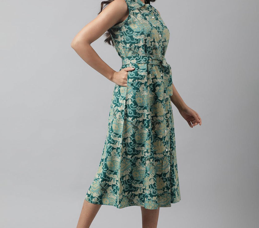 Divena Rayon Light Green A-Line Floral Printed Midi Dress - divena world