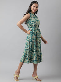 Divena Rayon Light Green A-Line Floral Printed Midi Dress - divena world