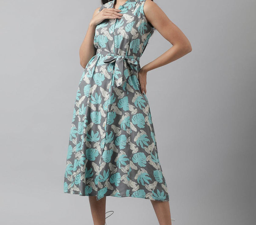 Divena Rayon Grey A-Line Floral Printed Midi Dress - divena world