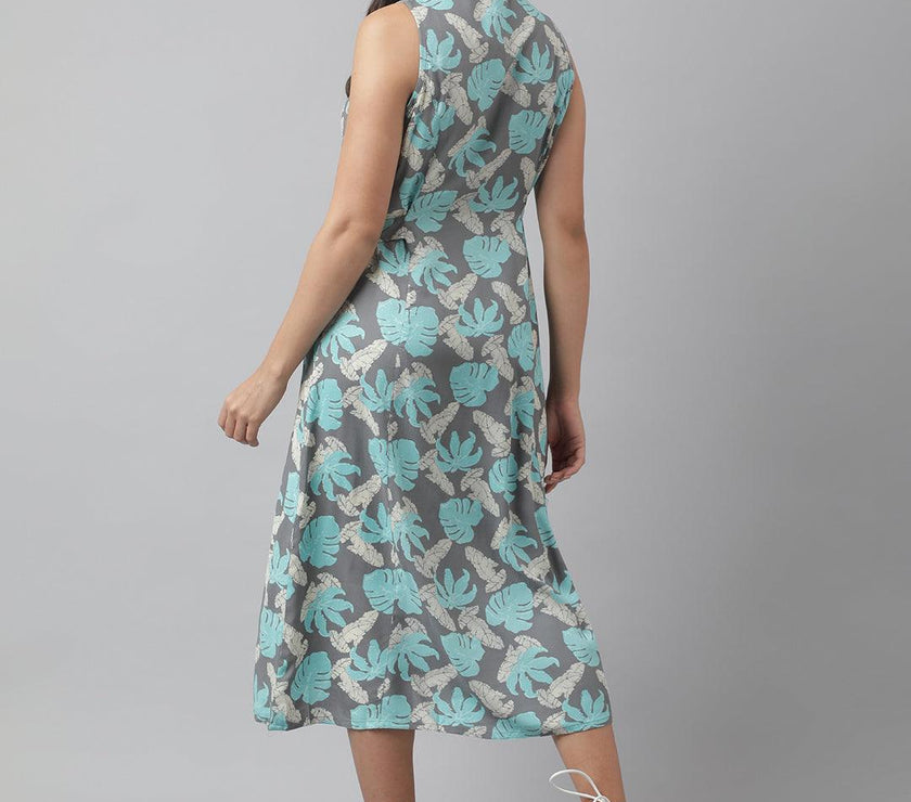 Divena Rayon Grey A-Line Floral Printed Midi Dress - divena world