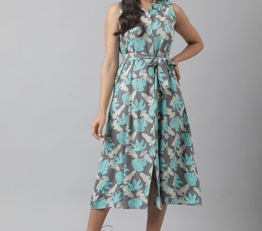 Divena Rayon Grey A-Line Floral Printed Midi Dress - divena world