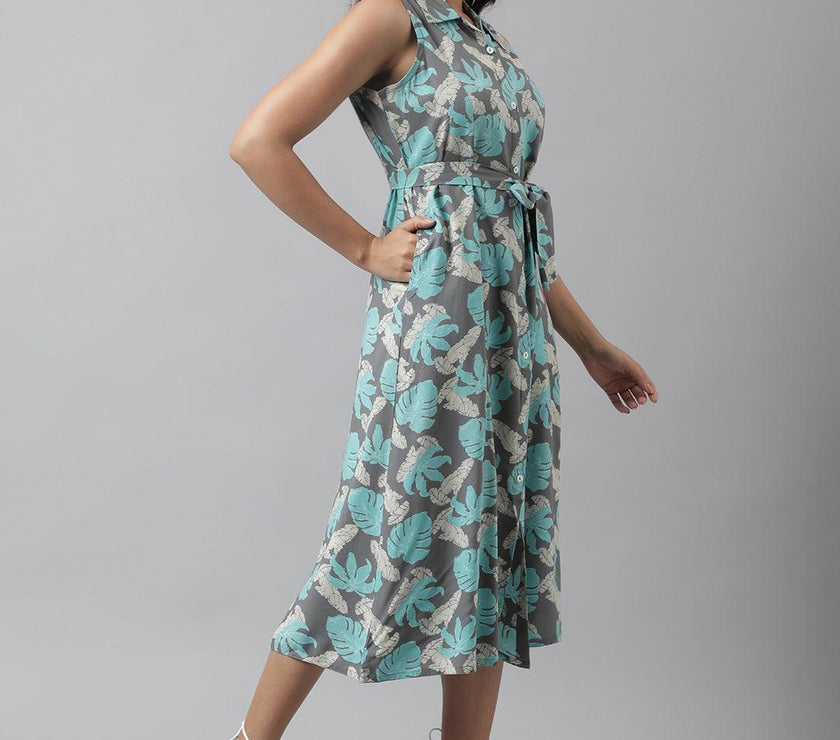 Divena Rayon Grey A-Line Floral Printed Midi Dress - divena world