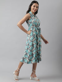 Divena Rayon Grey A-Line Floral Printed Midi Dress - divena world