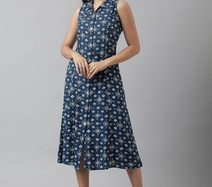 Divena Rayon Teal Blue A-Line Floral Printed Midi Dress - divena world