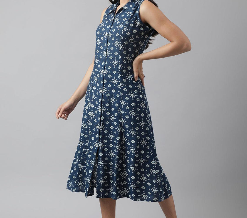 Divena Rayon Teal Blue A-Line Floral Printed Midi Dress - divena world