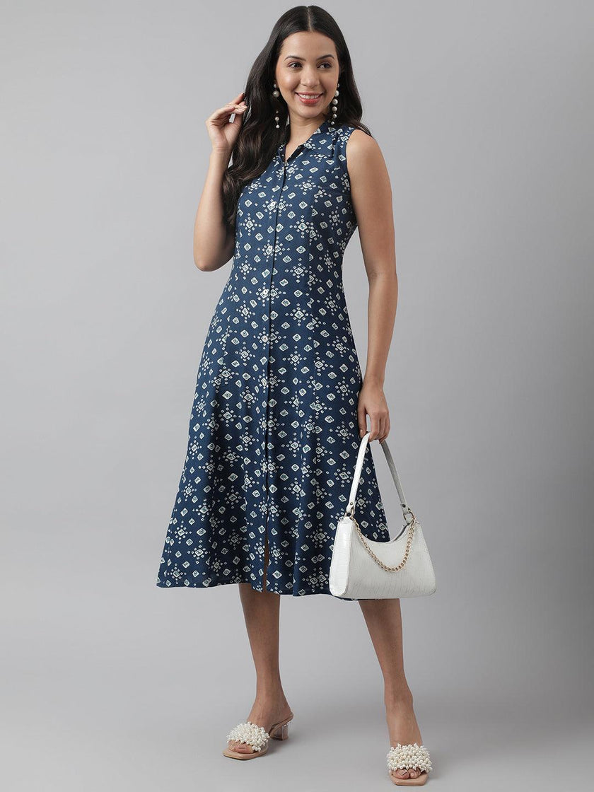 Divena Rayon Teal Blue A-Line Floral Printed Midi Dress - divena world