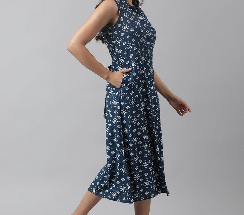 Divena Rayon Teal Blue A-Line Floral Printed Midi Dress - divena world