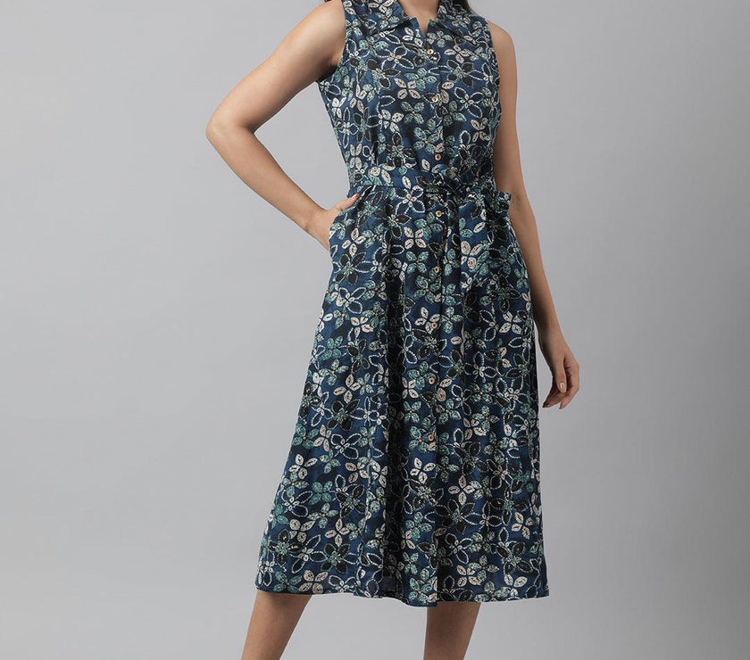 Divena Rayon Navy Blue A-Line Floral Printed Midi Dress - divena world