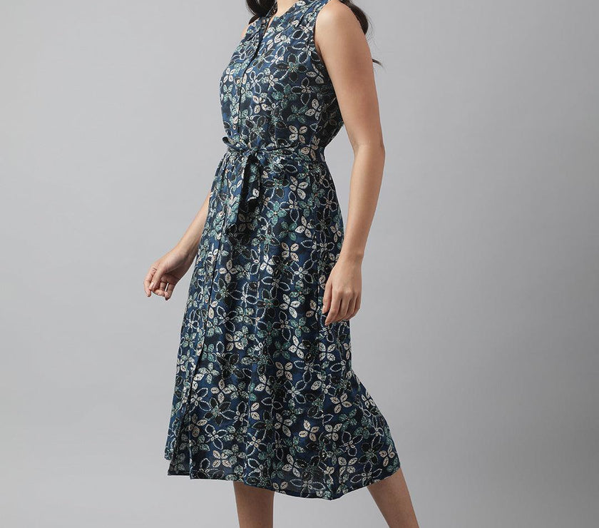 Divena Rayon Navy Blue A-Line Floral Printed Midi Dress - divena world