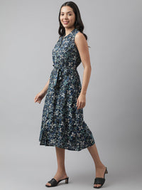 Divena Rayon Navy Blue A-Line Floral Printed Midi Dress - divena world