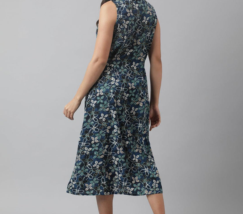 Divena Rayon Navy Blue A-Line Floral Printed Midi Dress - divena world