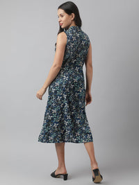 Divena Rayon Navy Blue A-Line Floral Printed Midi Dress - divena world