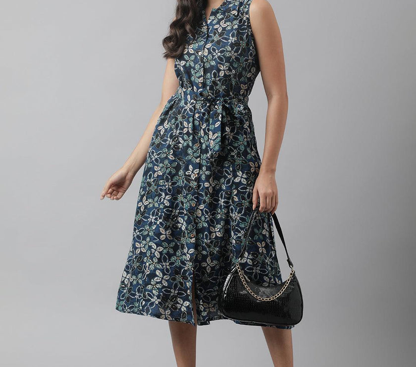 Divena Rayon Navy Blue A-Line Floral Printed Midi Dress - divena world