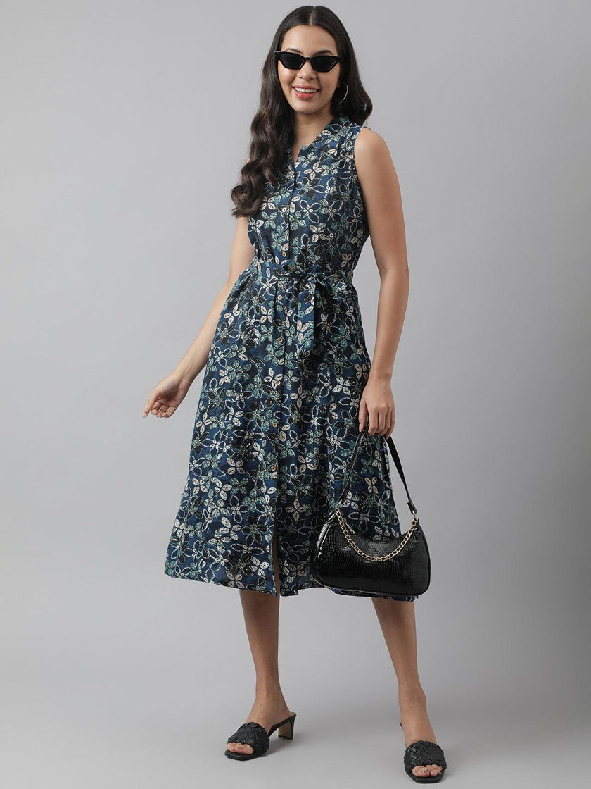 Divena Rayon Navy Blue A-Line Floral Printed Midi Dress - divena world