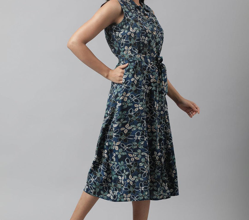 Divena Rayon Navy Blue A-Line Floral Printed Midi Dress - divena world