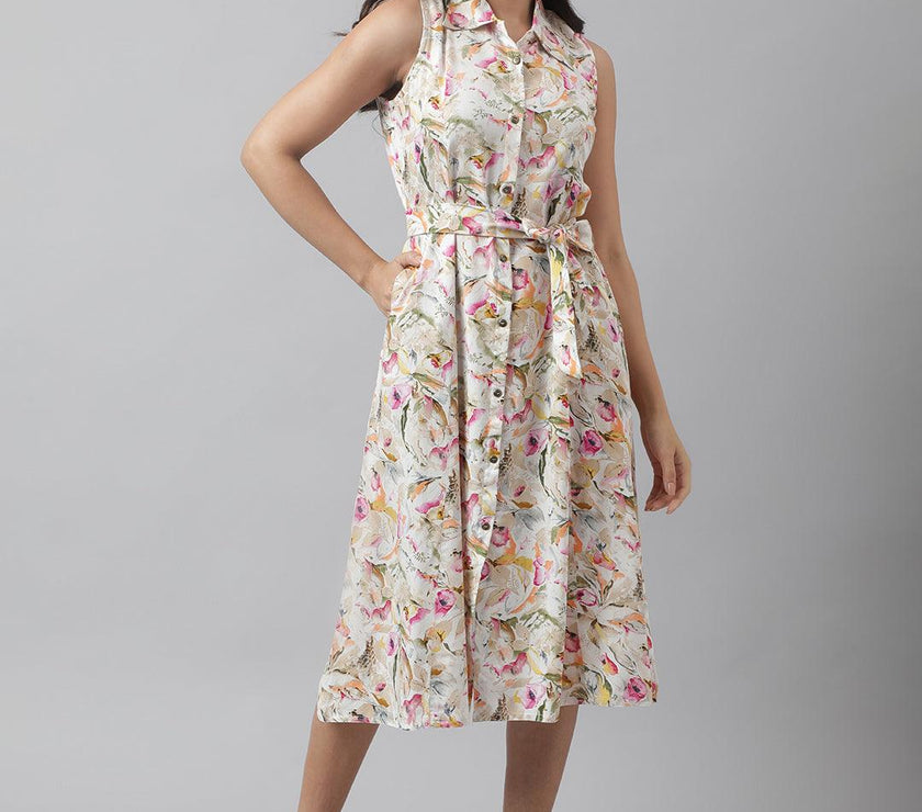 Divena Rayon Cream A-Line Floral Printed Midi Dress - divena world