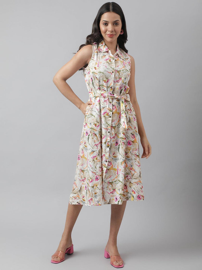 Divena Rayon Cream A-Line Floral Printed Midi Dress - divena world