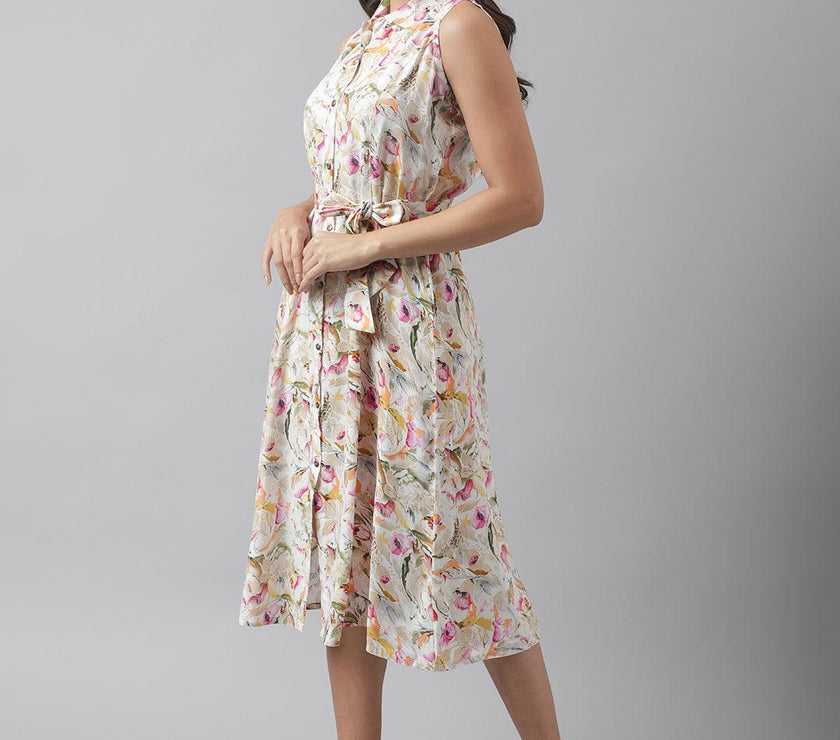 Divena Rayon Cream A-Line Floral Printed Midi Dress - divena world