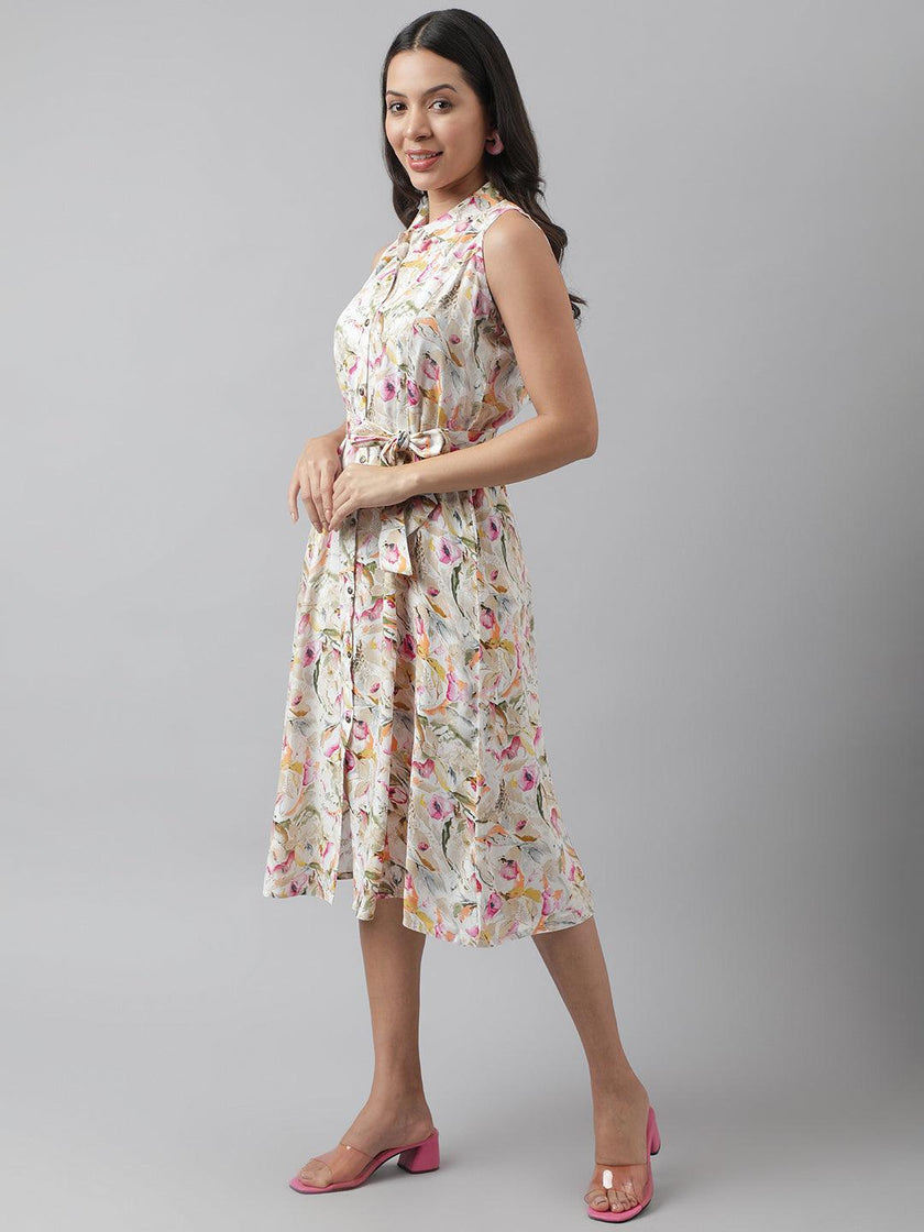 Divena Rayon Cream A-Line Floral Printed Midi Dress - divena world