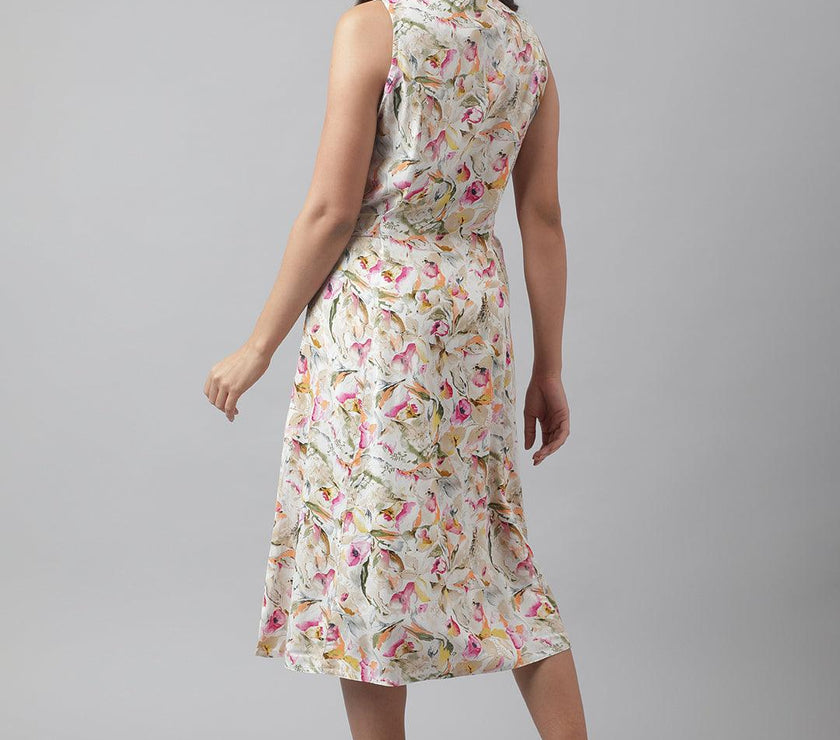 Divena Rayon Cream A-Line Floral Printed Midi Dress - divena world