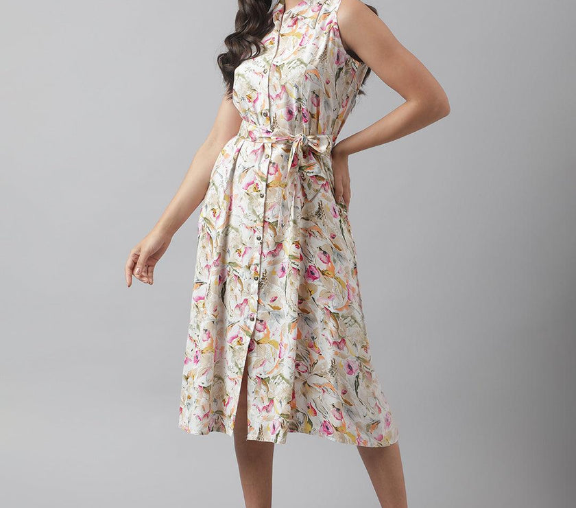 Divena Rayon Cream A-Line Floral Printed Midi Dress - divena world