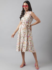 Divena Rayon Cream A-Line Floral Printed Midi Dress - divena world