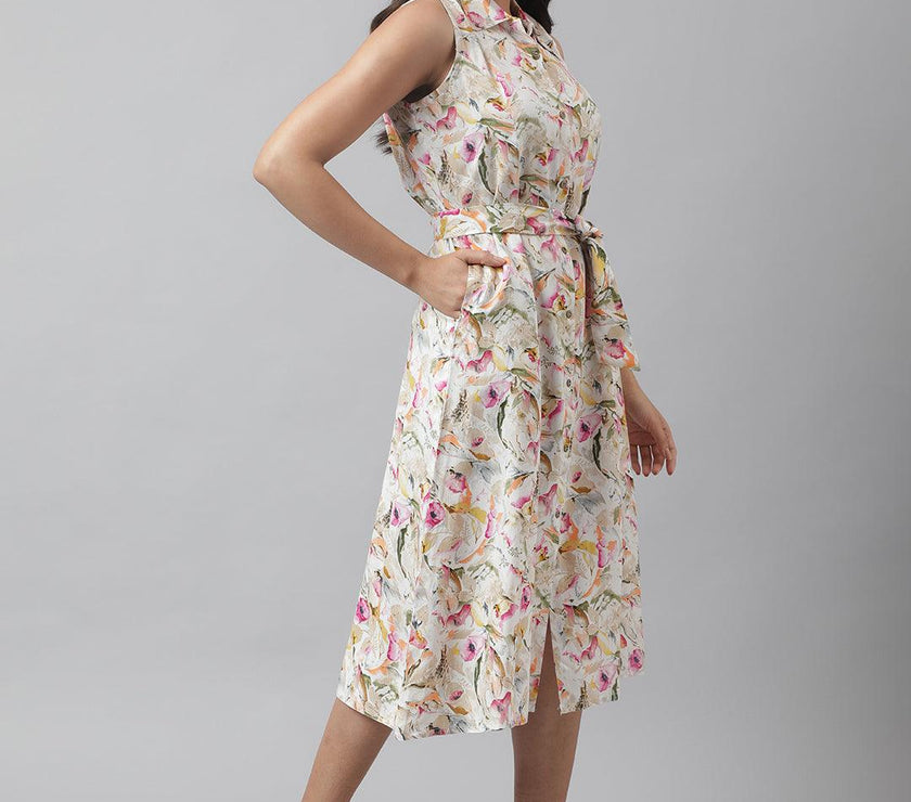 Divena Rayon Cream A-Line Floral Printed Midi Dress - divena world