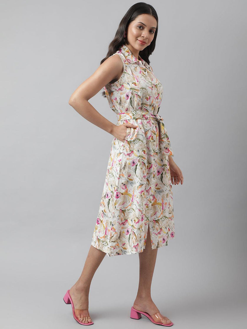 Divena Rayon Cream A-Line Floral Printed Midi Dress - divena world