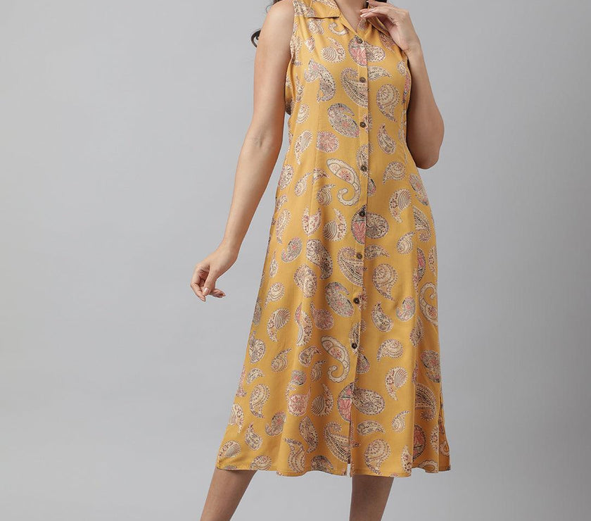 Divena Rayon Mustard A-Line Floral Printed Midi Dress - divena world