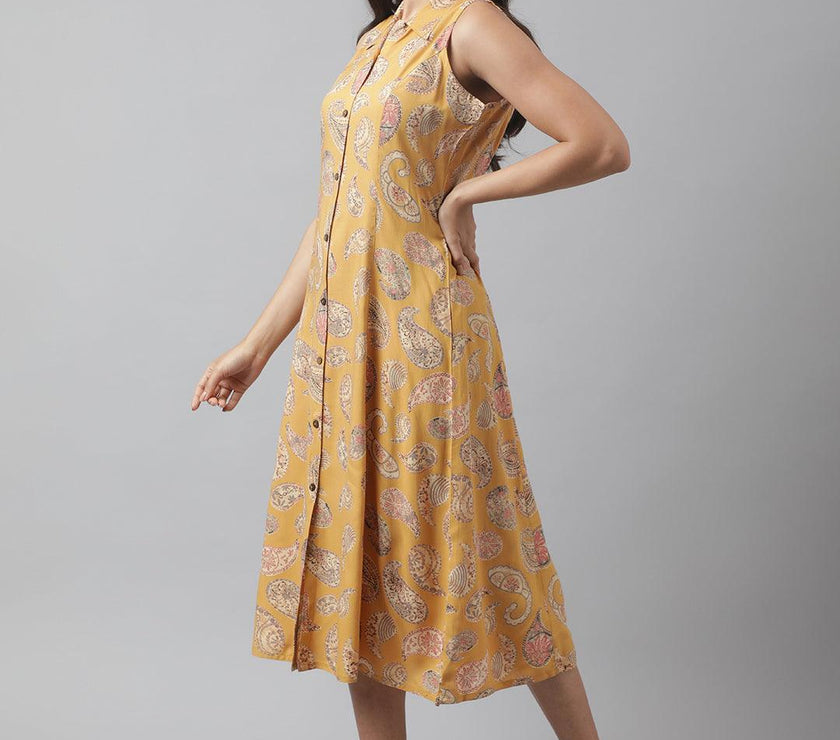 Divena Rayon Mustard A-Line Floral Printed Midi Dress - divena world