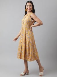 Divena Rayon Mustard A-Line Floral Printed Midi Dress - divena world