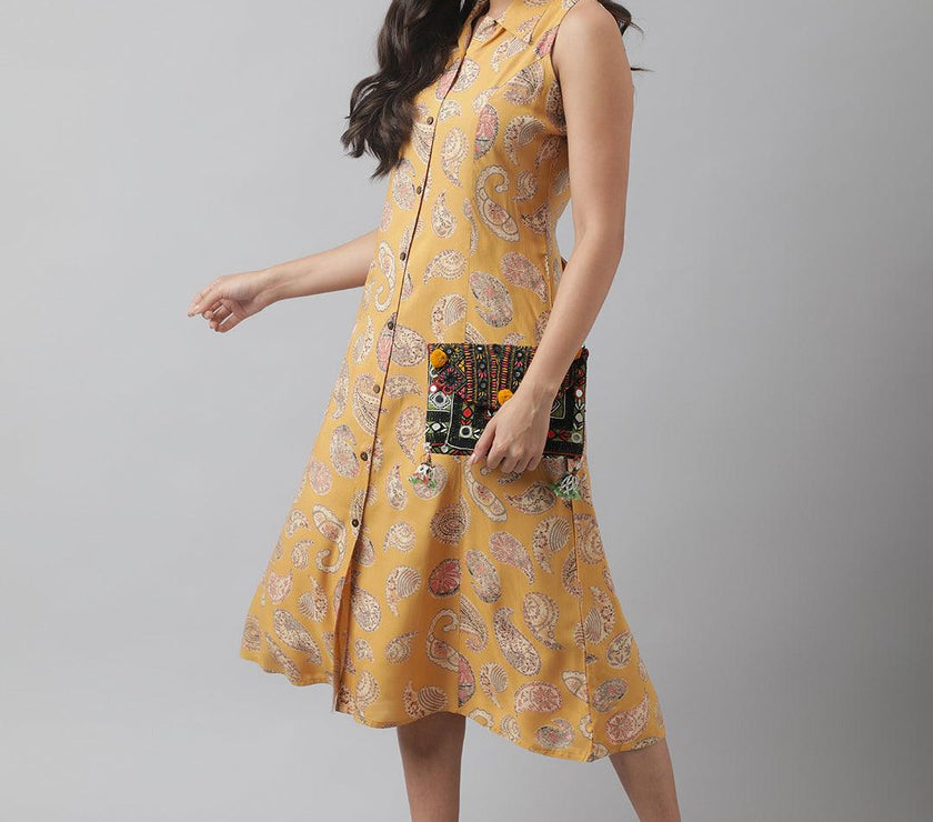 Divena Rayon Mustard A-Line Floral Printed Midi Dress - divena world