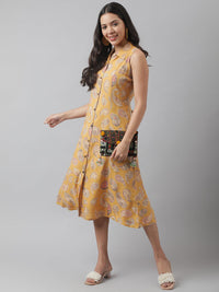 Divena Rayon Mustard A-Line Floral Printed Midi Dress - divena world