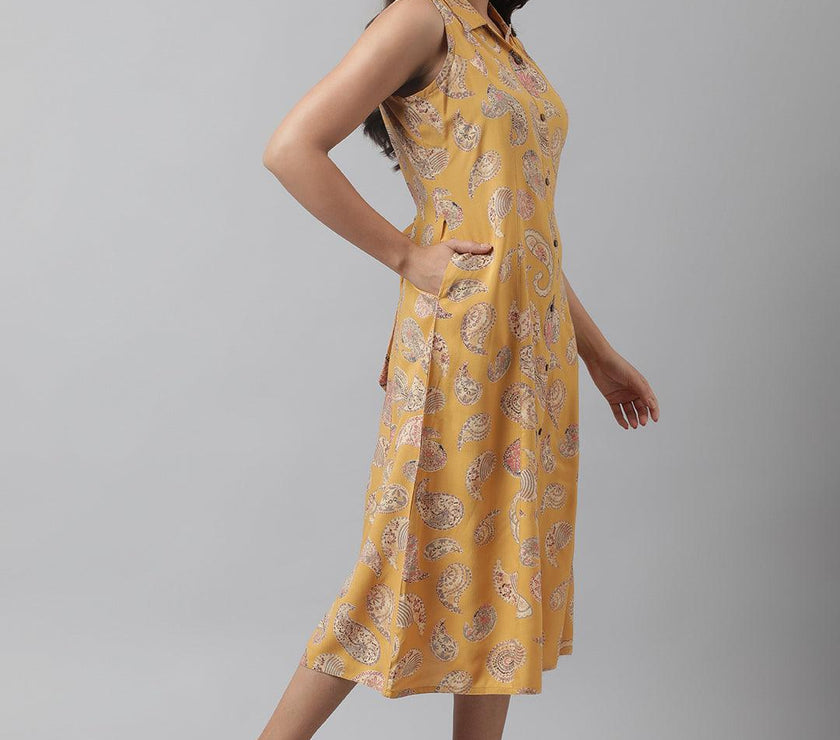 Divena Rayon Mustard A-Line Floral Printed Midi Dress - divena world