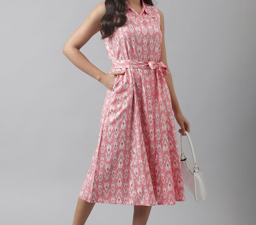 Divena Rayon Light Pink A-Line Floral Printed Midi Dress - divena world