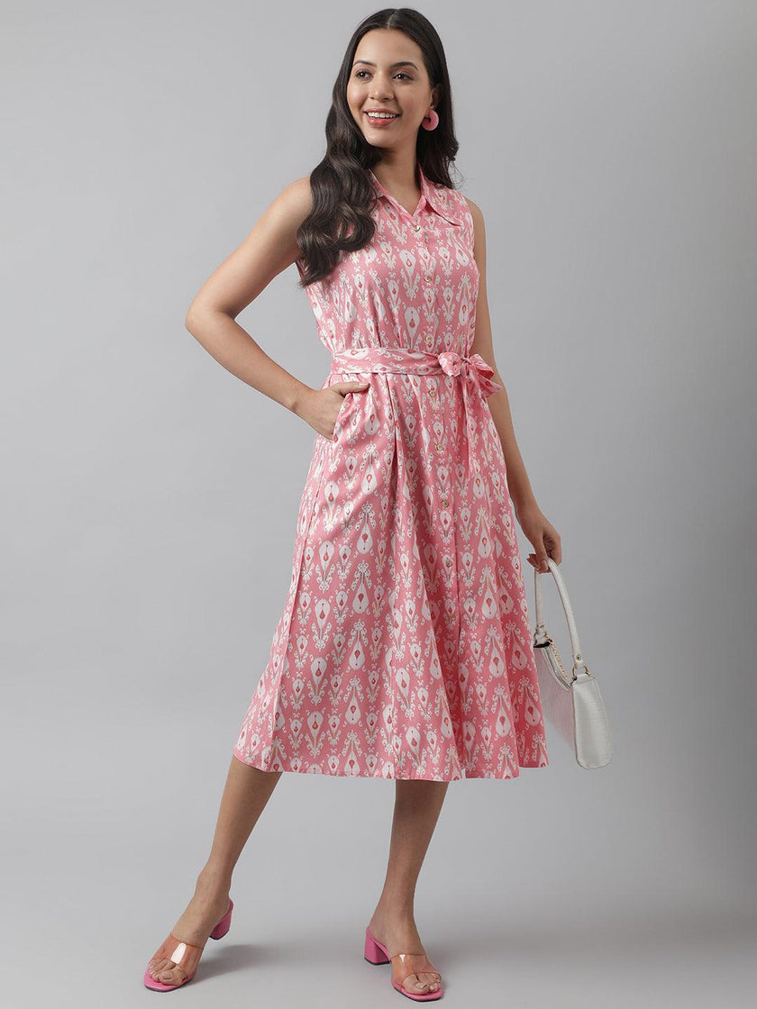 Divena Rayon Light Pink A-Line Floral Printed Midi Dress - divena world