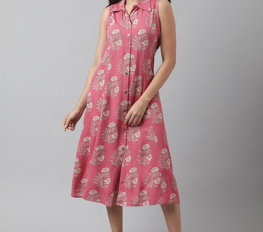 Divena Rayon Rose Pink A-Line Floral Printed Midi Dress - divena world