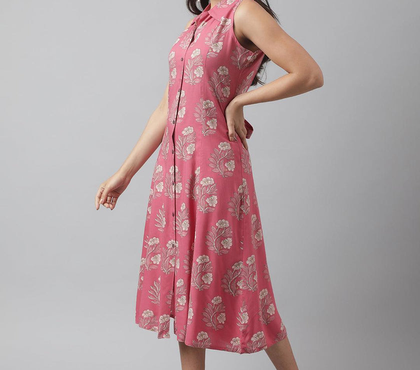 Divena Rayon Rose Pink A-Line Floral Printed Midi Dress - divena world