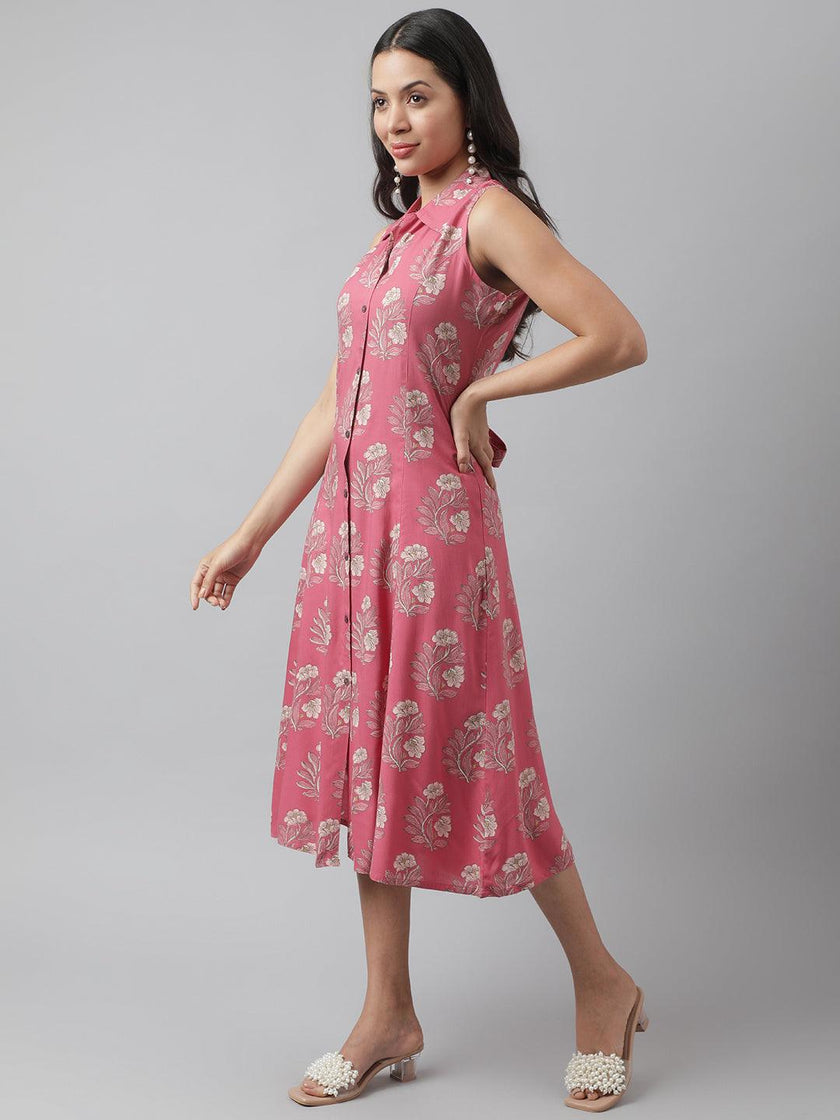 Divena Rayon Rose Pink A-Line Floral Printed Midi Dress - divena world