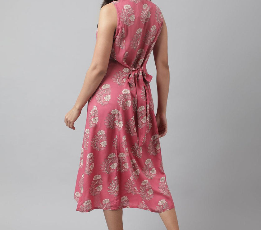 Divena Rayon Rose Pink A-Line Floral Printed Midi Dress - divena world