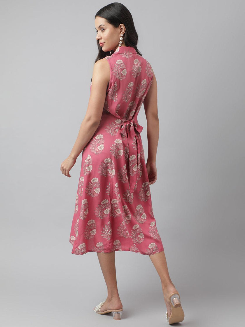 Divena Rayon Rose Pink A-Line Floral Printed Midi Dress - divena world