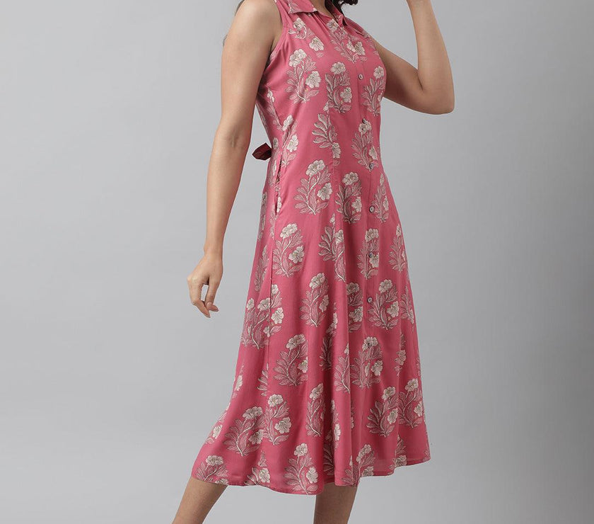 Divena Rayon Rose Pink A-Line Floral Printed Midi Dress - divena world