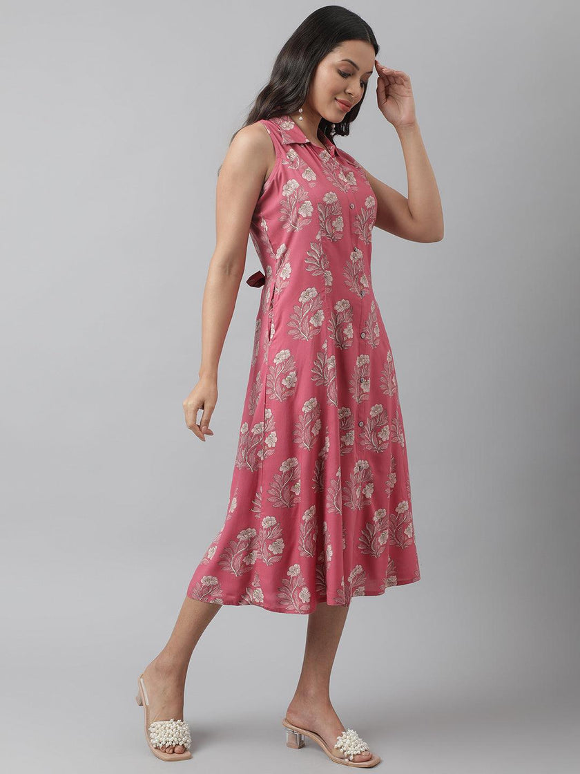 Divena Rayon Rose Pink A-Line Floral Printed Midi Dress - divena world