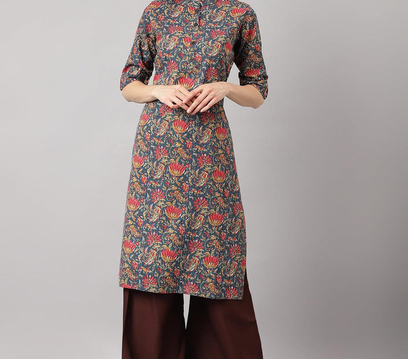 Divena Blue and Red Cotton Katha work Straight Kurta - divena world