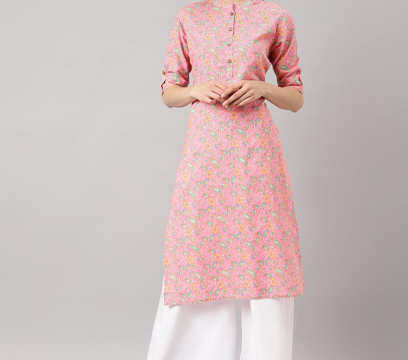 Divena Pink and Green Cotton Katha work Straight Kurta - divena world