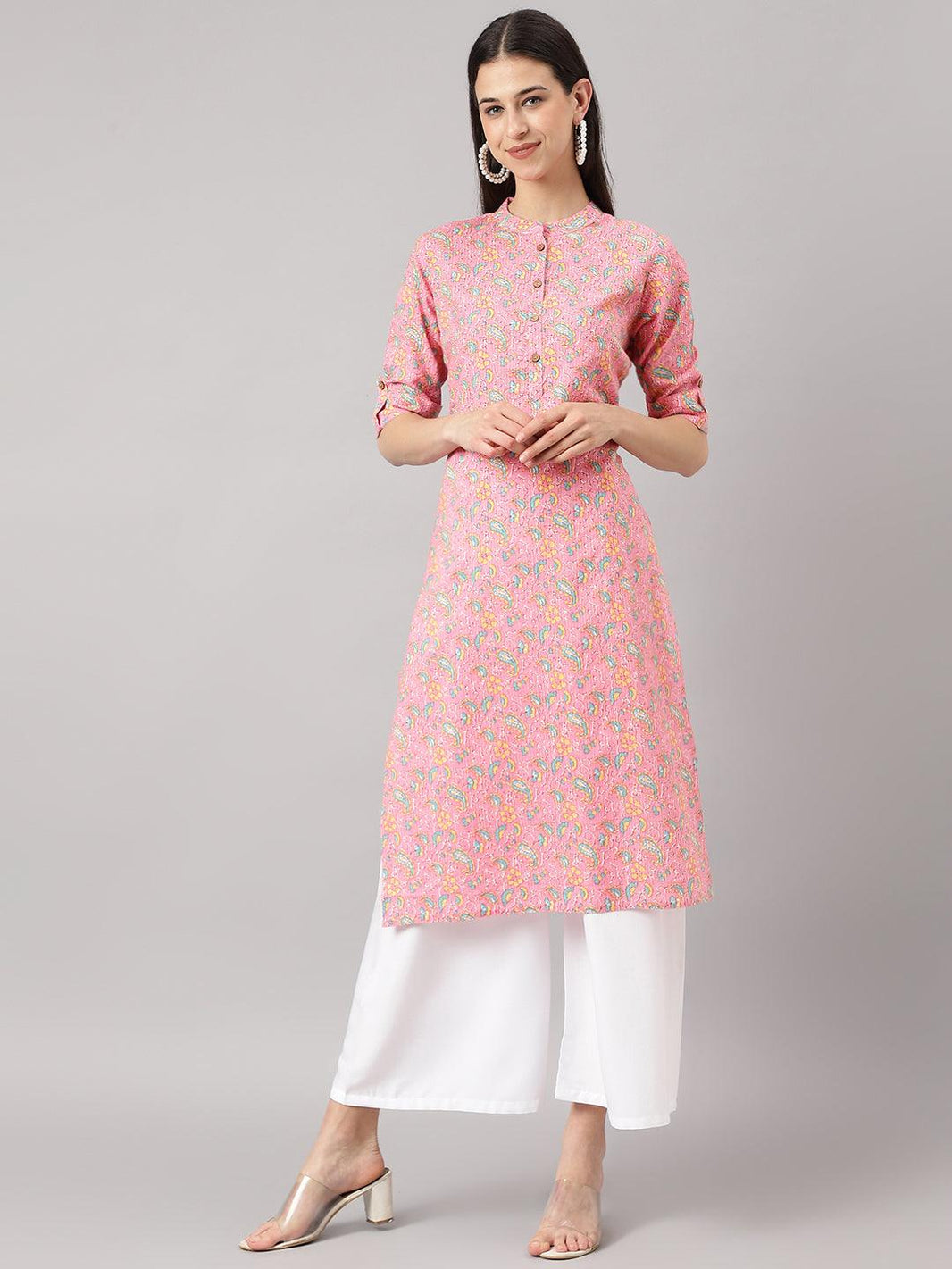 Divena Pink and Green Cotton Katha work Straight Kurta - divena world