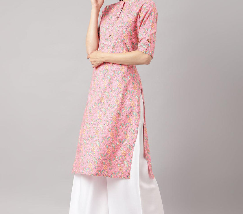 Divena Pink and Green Cotton Katha work Straight Kurta - divena world