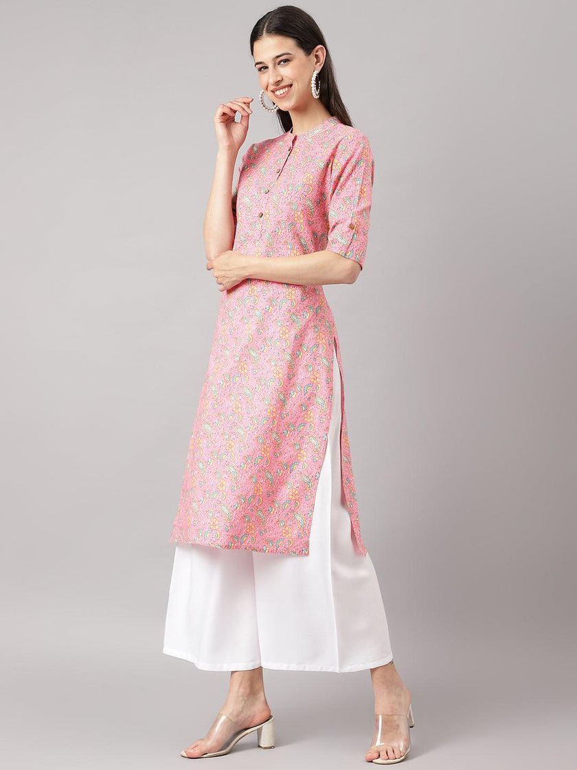 Divena Pink and Green Cotton Katha work Straight Kurta - divena world